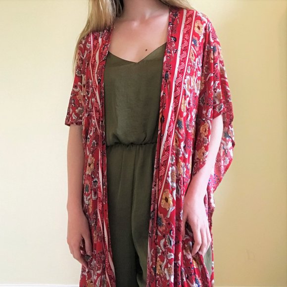 Xhilaration Jackets & Blazers - Long Red Floral and Geometric Kimono